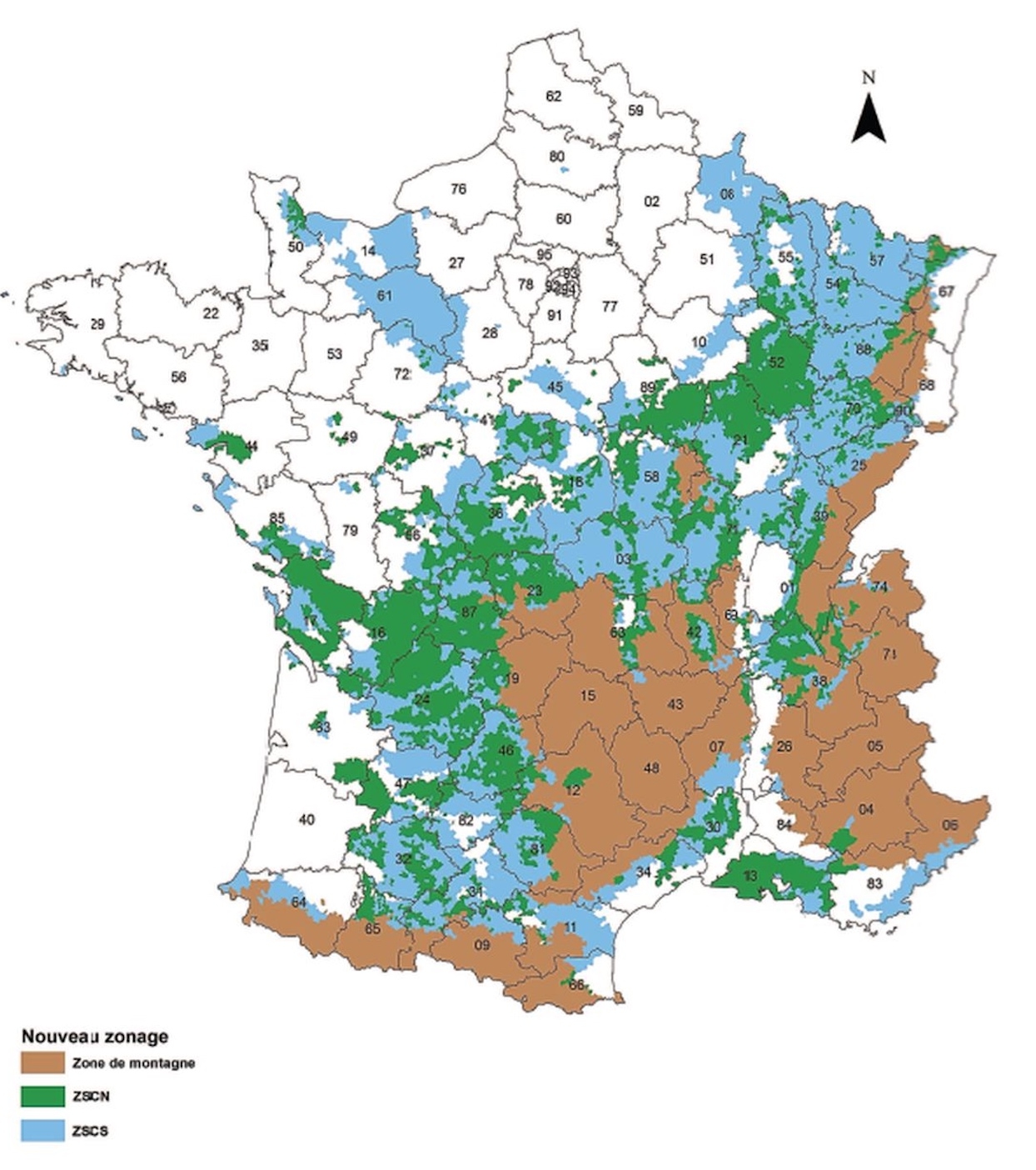 Délimitation des zones soumises à des contraintes naturelles (ZSCN) et des Zones soumises à des contraintes spécifiques (ZSCS) pour la France hexagonale en 2019 (Source INRAE)