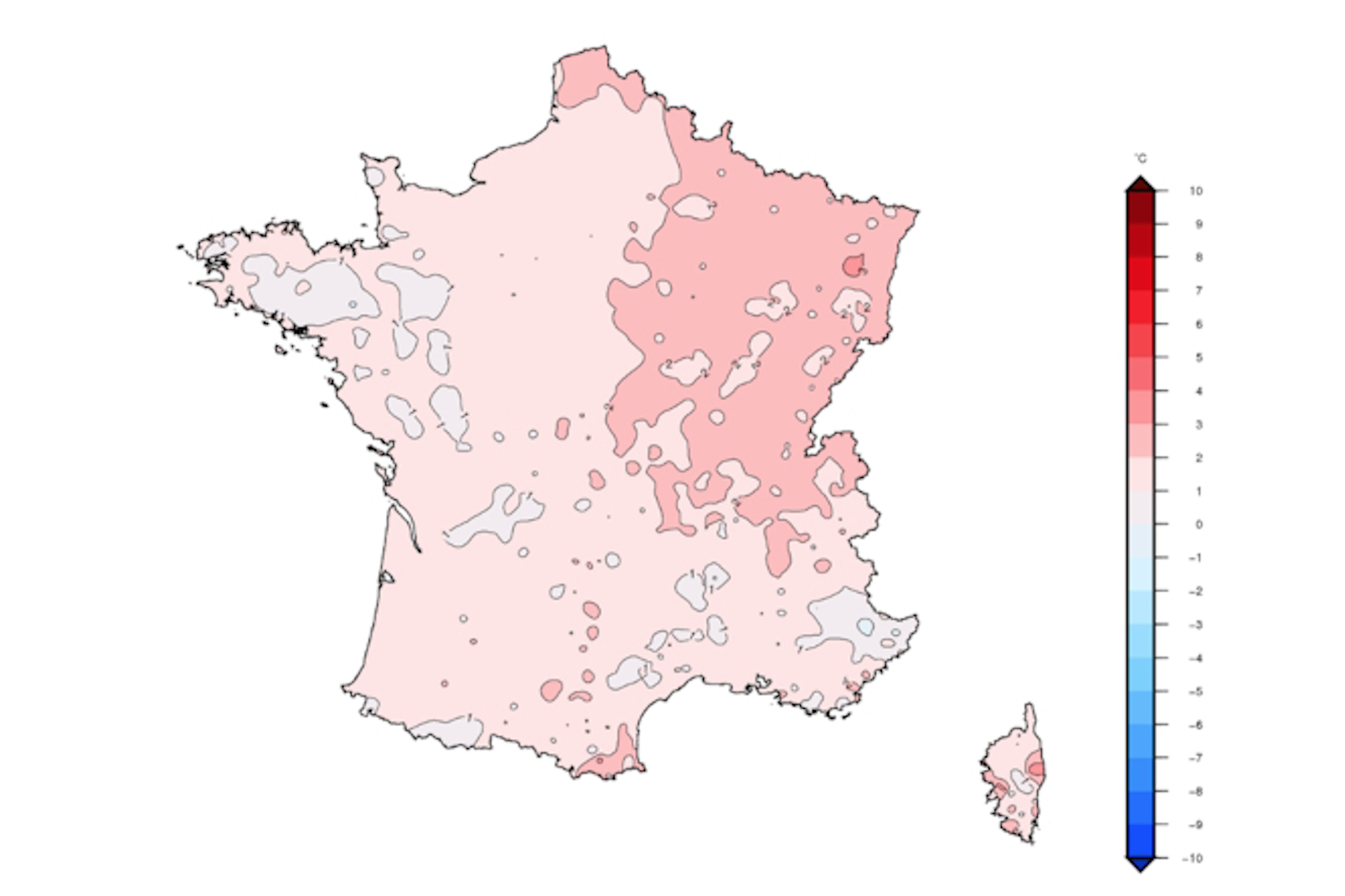 Ecart à la moyenne mensuelle de référence (1991-2020) de la température moyenne en mars 2024 (Source : Météo-France)