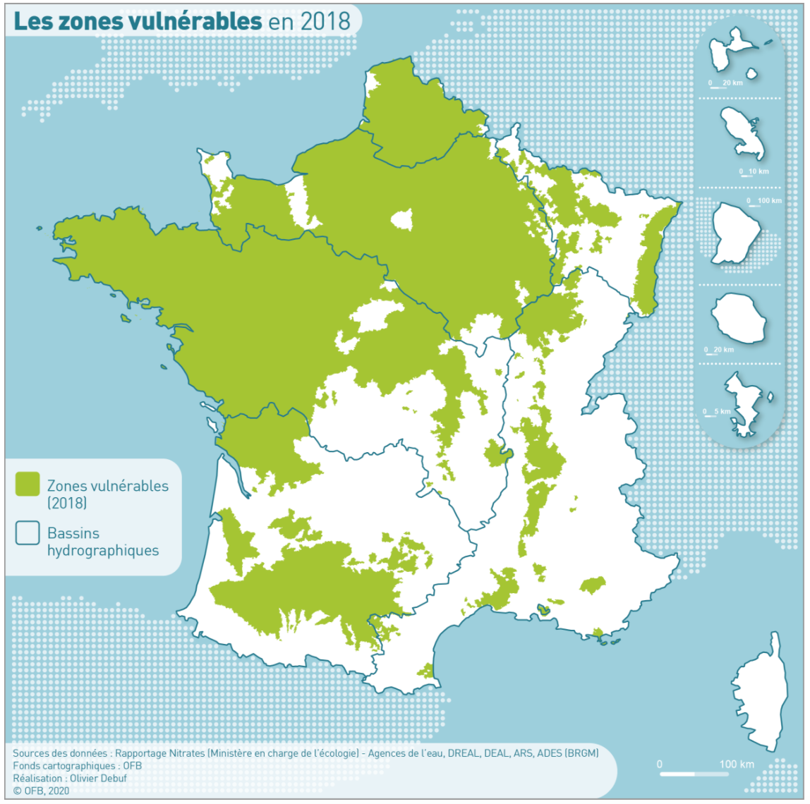 Cartographie des zones vulnérables (Source : Office français de la biodiversité)