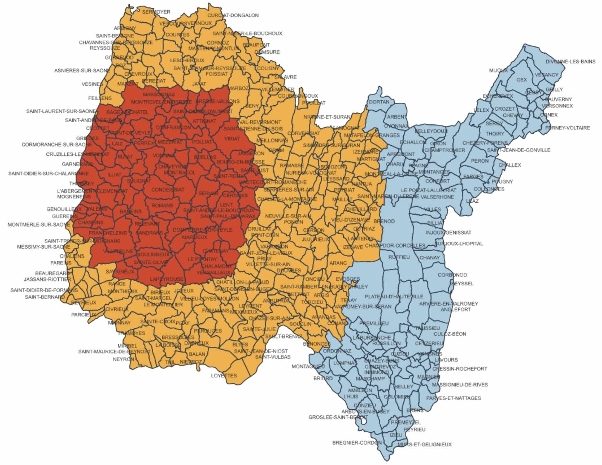 La zone de protection (en rouge) autour du nouveau foyer et les deux zones de surveillance (orange et bleu) du département de l’Ain (Source : GDS de l’Ain)