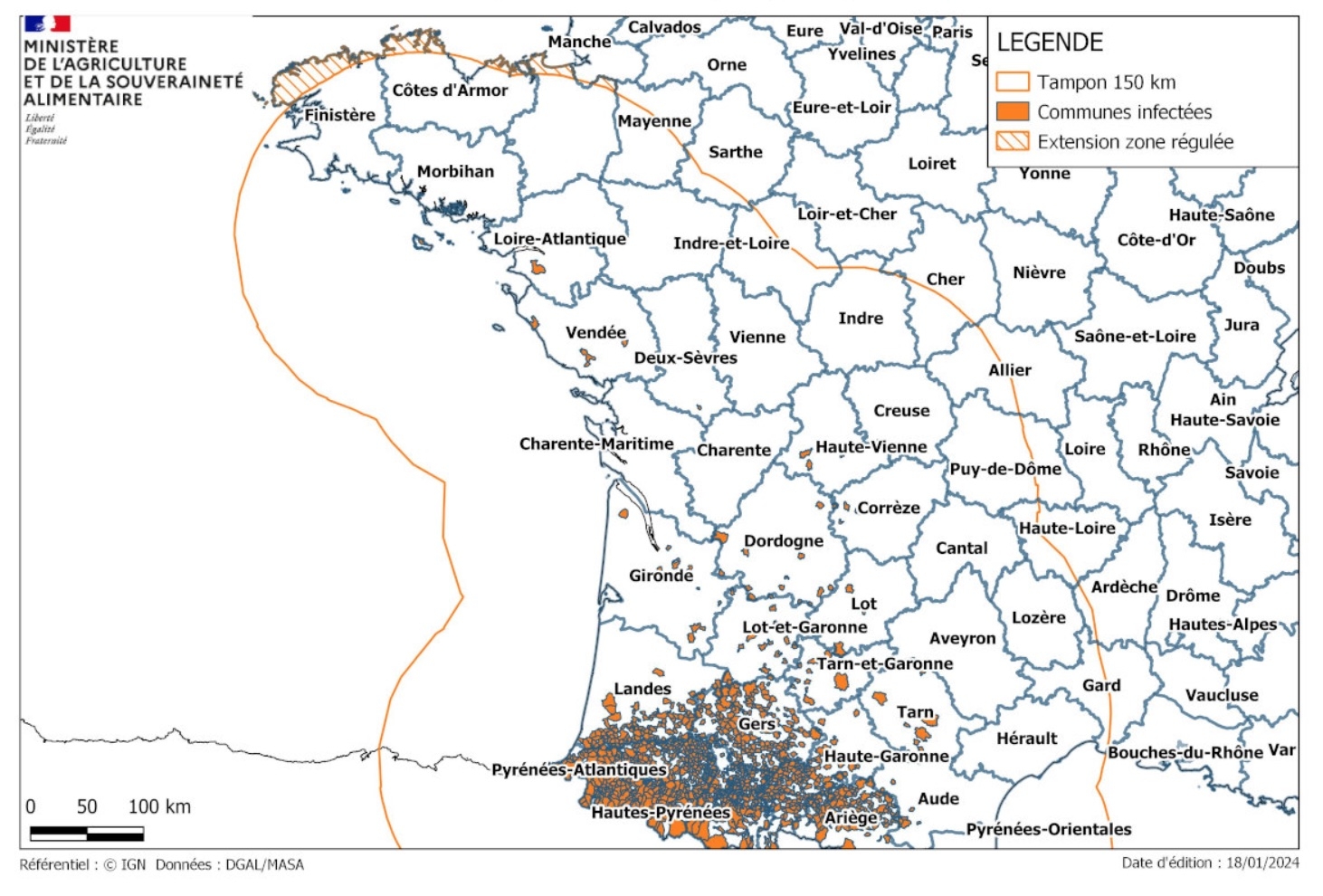 Les mesures de lutte et de prévention prévues dans un rayon de 150 km autour des foyers s’appliquent sur près de la moitié du territoire français (Source : ministère de l’Agriculture)