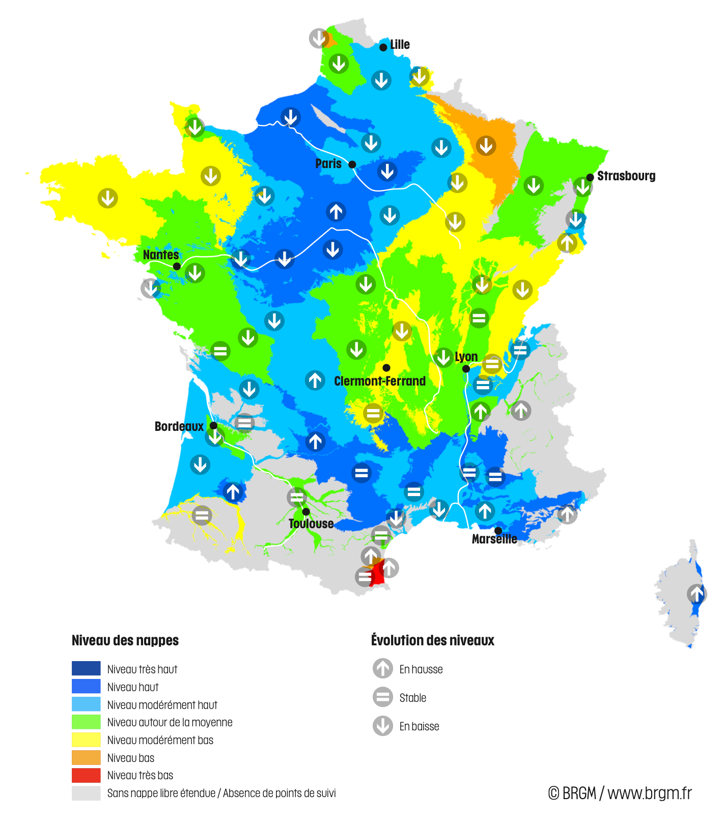 Niveau des nappes et tendances évolutives en date du 1er mai 2025 (Source : BRGM)